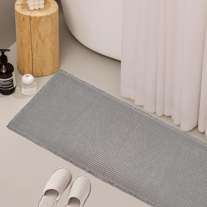 ZALL Grey Waffle Bath Mat,Super Absorbent Non Slip Long Bathroom Runner Rug,Gray 24X60inch,Machine Washable Ultra Soft Floor Mats