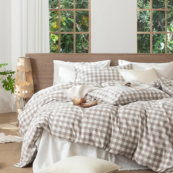 MooMee Gingham Duvet Cover Set 100% Washed Cotton Linen Like Textured Breathable Durable Soft Comfy Modern Checkered Design (Buffalo Plaid Tannish Linen Grey, Twin 68"x90")