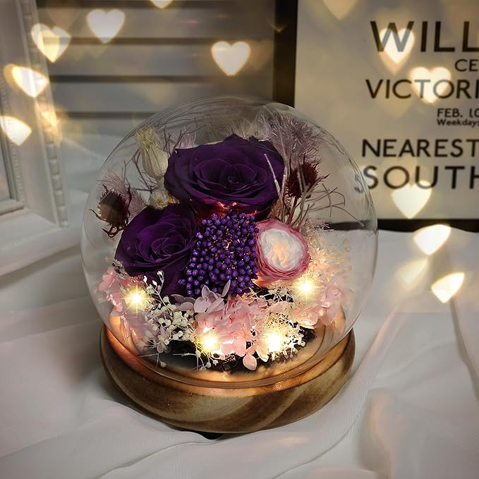 Preserved Flowers Bouquets Unique Rose Preserved Flower Gifts in Glass Dome for Women,Wife, Grandma Suitable for Birthday, Mother’s Day, Valentine’s Day, Anniversary, Christmas