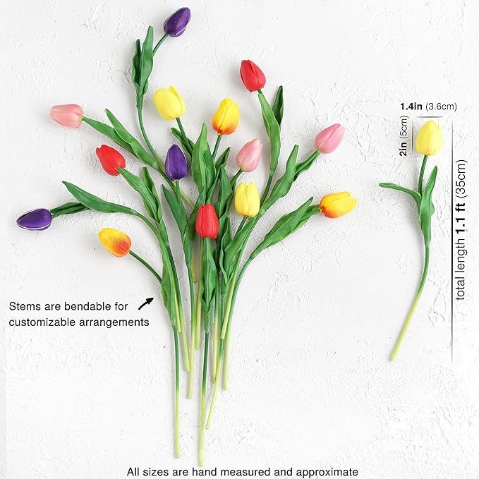 FiveSeasonStuff Real Touch Tulips Artificial Flowers – 15 Stems Faux Tulip Bouquet in Gift Box for Wedding, Home Decor, Party, Floral Arrangements (Rainbow Colors)