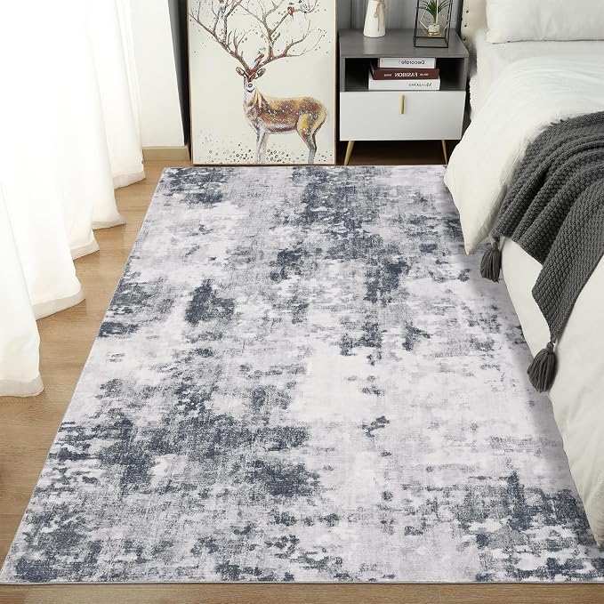 Washable 5x7 Area Rugs for Living Room Low Pile Small Carpet Soft Bedroom Rug Modern Abstract Carpet Non Shedding Thin Colorful Carpets Contemporary Floor Mats for Kitchen Nursery, Grey