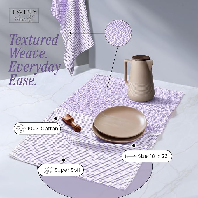 TWINY threads Kitchen Towel Diamond Weave Multi Color Set, Premium 100% Cotton Kitchen Linen, Absorbent Quick Drying Dish Rags, Washable Reusable Multi Purpose for Drying Dishes, 4 Pack, 18x26 Inches