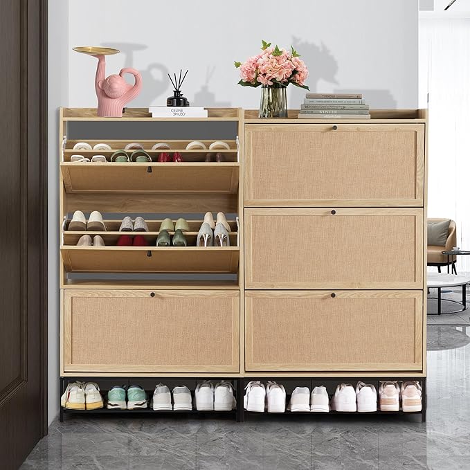 LEVNARY Shoe Storage Cabinet with 3 Flip Drawers, Freestanding Shoe Cabinet Storage Organizer for Entryway, Wooden Narrow Shoe Racks Cabinet with Metal Legs for Hallway (Natural Oak)