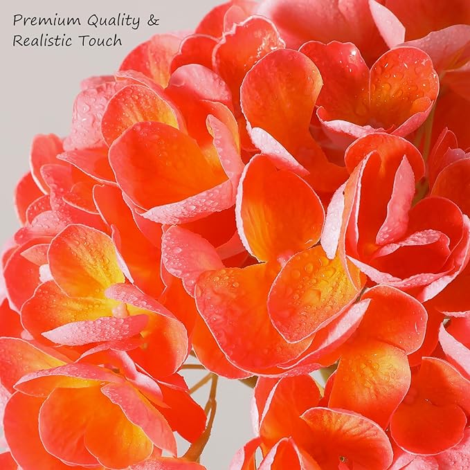 3Pcs Hydrangea Artificial Flowers, 22.44" Real Touch Latex Faux Hydrangea with Long Stems & Leaves for Home Office Decor or Wedding, Party, Centerpieces, Floral Arrangements (Orange)
