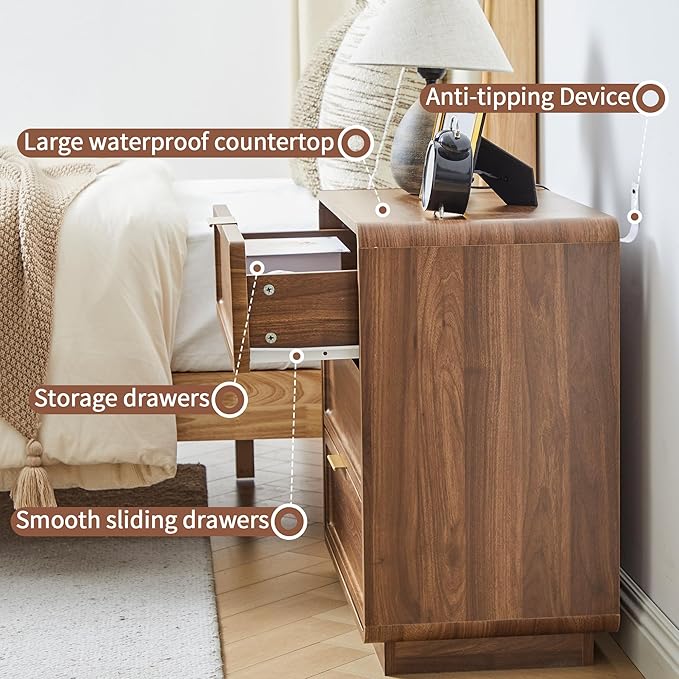 Turtle&Myrtle Modern 3 Drawer Dressers for Bedroom, 26'' Wide Wood Nightstand w/3 Storage Drawers, End Table, Dresser & Chest of Drawers with Curved Profile for Living Room Entryway, Brown