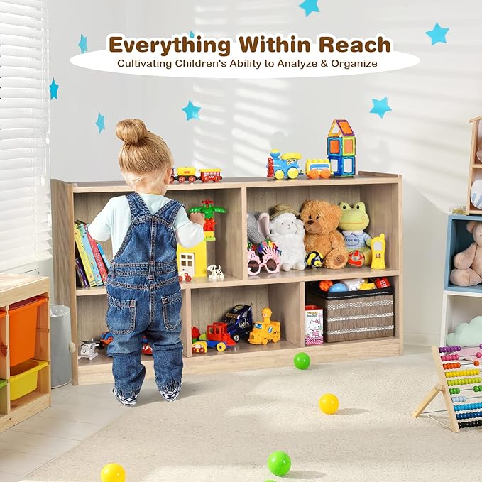 Costzon 2-Shelf Bookcase for Kids, Wooden Toy Storage Organizer for Books Toys, 5-Section Freestanding Classroom Daycare Montessori Bookshelf for Preschool, Home Playroom & Kindergarten
