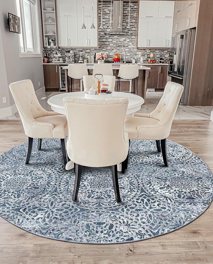vivorug Round Rug 6ft Vintage-Inspired Round Area Rug Non-Slip Indoor Carpet for Living Room Bedroom Entryway, Stain Resistant Home Decor Circle Rug, Blue Medallion