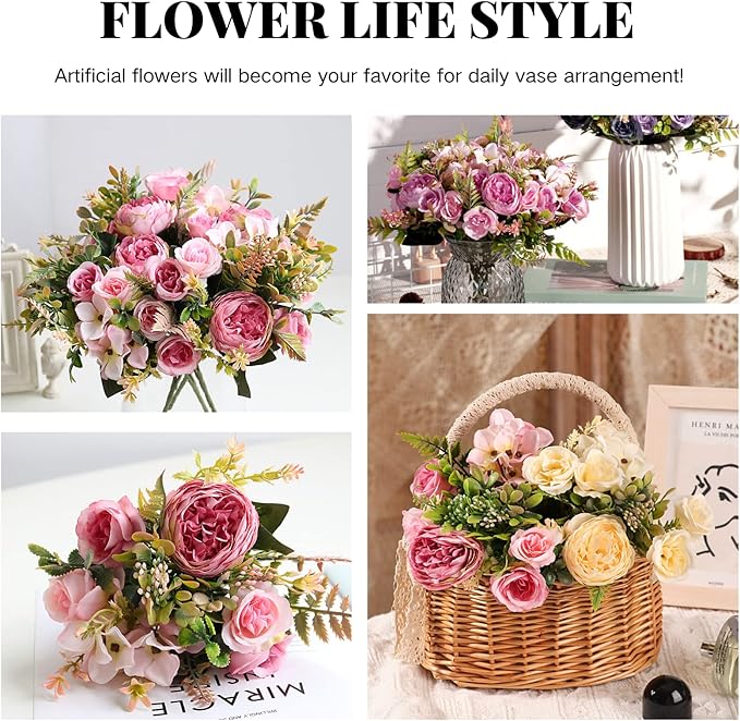 ASTRYAS Artificial Flowers, Pink Artificial Peony Small Silk Flowers Fake Peonies Bouquet Rose Flower Arrangement Table Centerpiece for Dining Party Home Decoration(Pink)