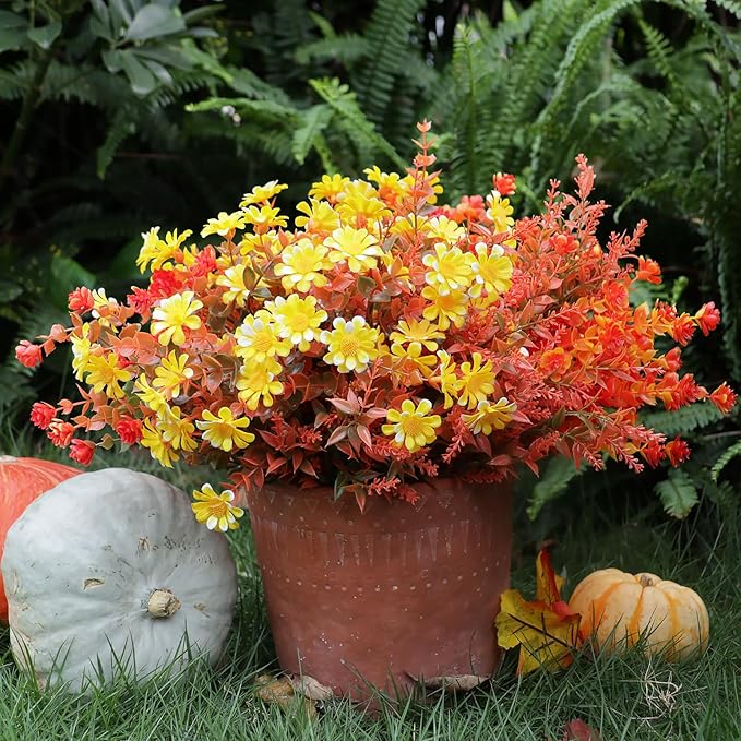 16 Bundles Artificial Plants Outdoor Fake Fall Flowers Mums for Garden Decor for Window Garden Office Patio Hanging Planter Pathway Front Porch (Mixed)
