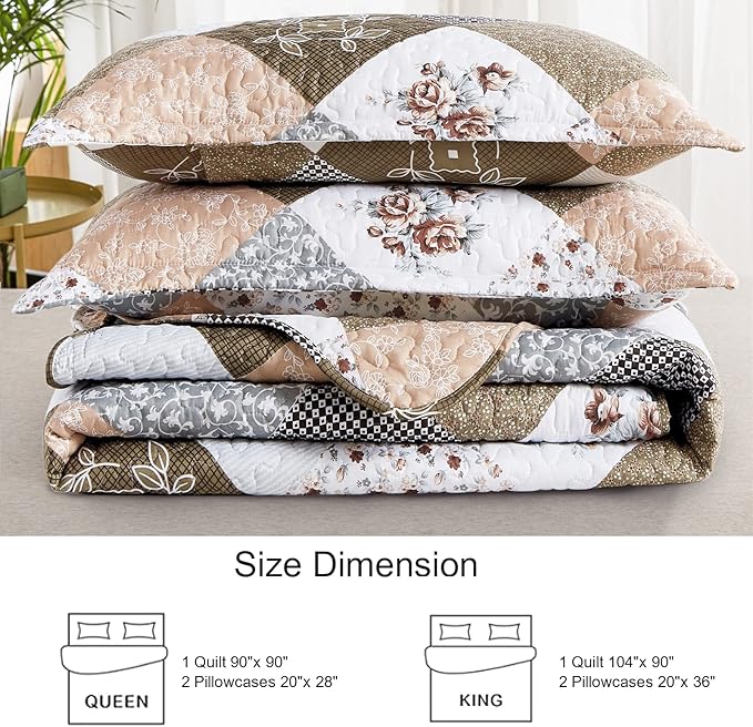 Dinjoy Floral Plaid Patchwork Quilt Set Queen Size, Reversible Brown Bedding Set Soft Microfiber Lightweight Bedspread Coverlet 3 Piece Fall Autumn Summer Use (90x90 inches)