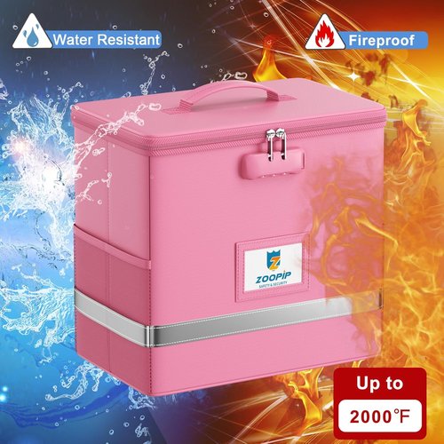 Fireproof File Box - Secure Document Storage Organizer with Lock | Collapsible, Pink, Letter Size