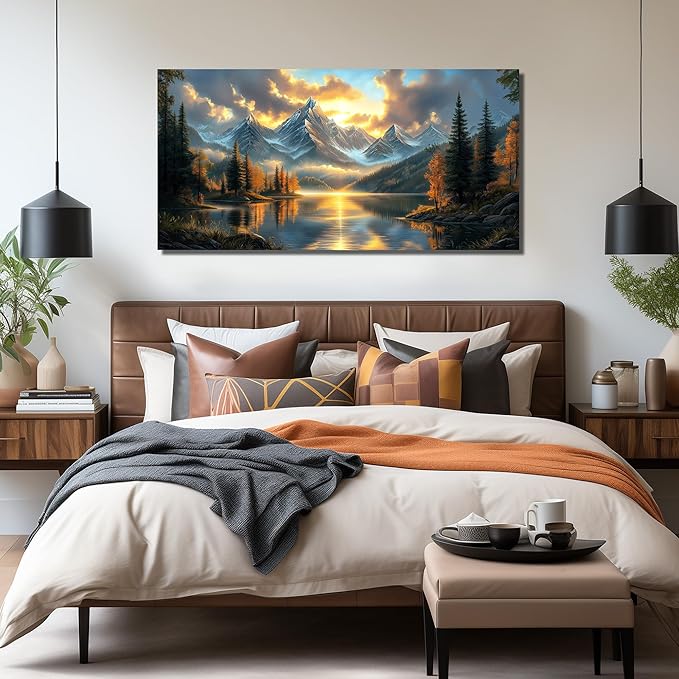 JuhaiArt Large Mountain Lake Wall Art Gold Picture Nature Artwork Landscape Canvas Decor for Living Room Bedroom Office Scenery Art 29" x 59"