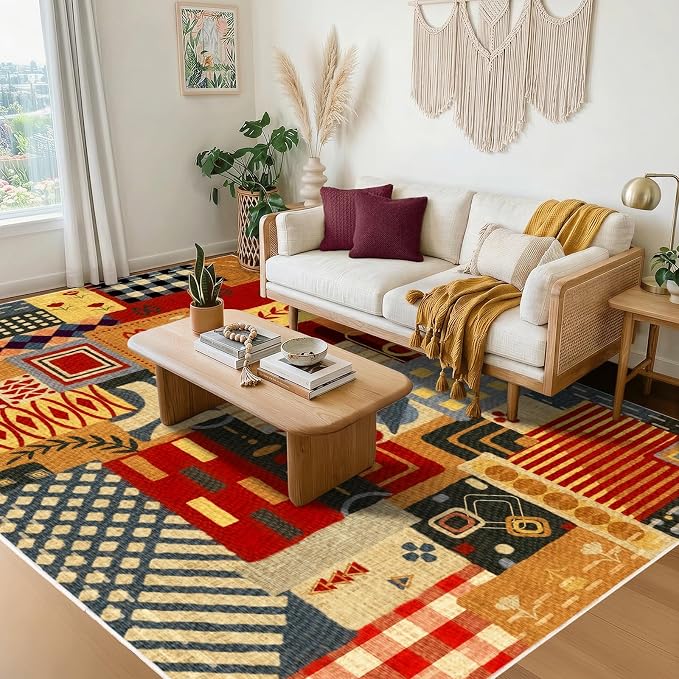 6x9 Abstract Tribal Patchwork Area Rug, Boho Patchwork Colorful Rugs for Living Room, Modern Memphis-Inspired Throw Carpet, Washable Non-Slip Low Pile Rug for Dining Room Office Bedroom Dining Room