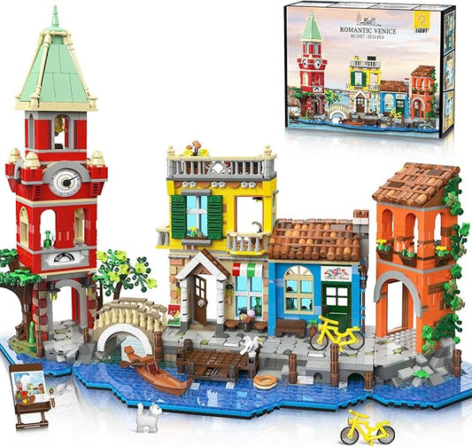 Venice Main Street Building Set for Adults, 2155 PCS City House Building Block Kit with Light Flower Shop Pizzeria, Christmas Home Decor Architecture Model Gift for Women Men Teen Girl 10+