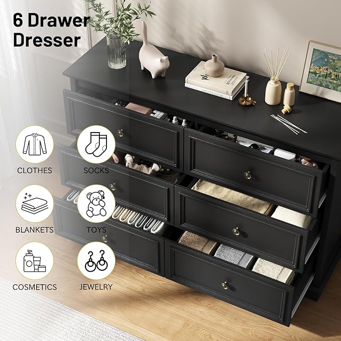 Modern 6 Drawer Dresser, Vintage Chest of Drawers with Metal Handle, Wooden Closet Dresser with Deep Drawers, for Living Room, Hallway, Black