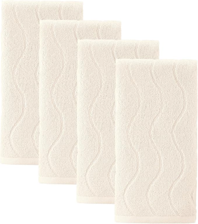 VitalCozy 4 Pcs Cream Color Hand Towels for Bathroom Wavy Striped Jacquard Decorative Towels 14x29 Inch 100% Cotton Soft Absorbent Boho Bathroom Decor for Kitchen Gift for Festival