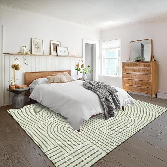 9x12 Area Rug Washable Modern Abstract Rugs for Living Room Non Shedding Soft Bedroom Boho Carpet Ultra-Thin Low Pile Living Room Floor Covers Abstract Lines Carpet for Playroom Kids Room, Green