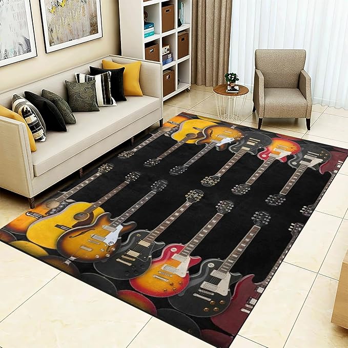 Vintage Guitar Black Area Rug, Guitar Music Lover Non Slip Living Room Rugs, Breathable Durable Carpet for Indoor Bedroom Conference Room Office Decor Rug - 5 ft x 8 ft