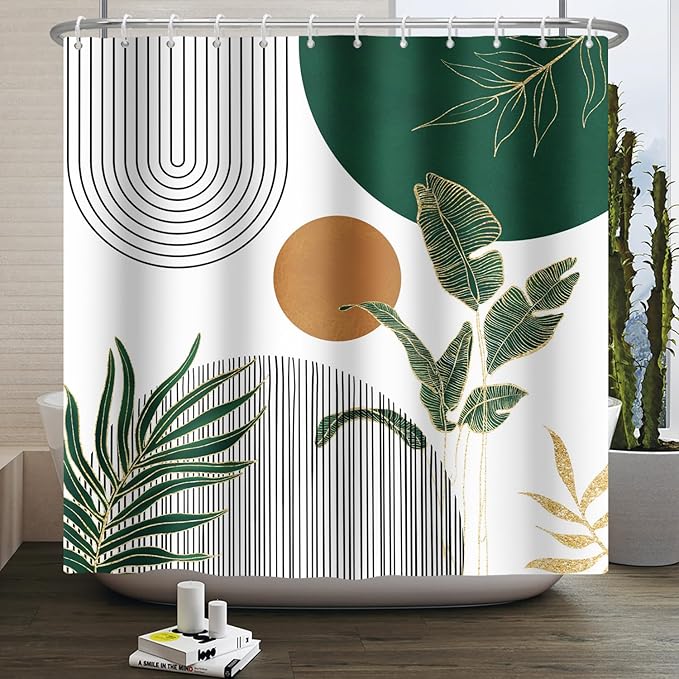 Mid Century Boho Modern Shower Curtain for Bathroom Abstract Sun Arch Geometric Leaves Minimalist Shower Curtain Set Waterproof Polyester Fabric 66x72 Inches