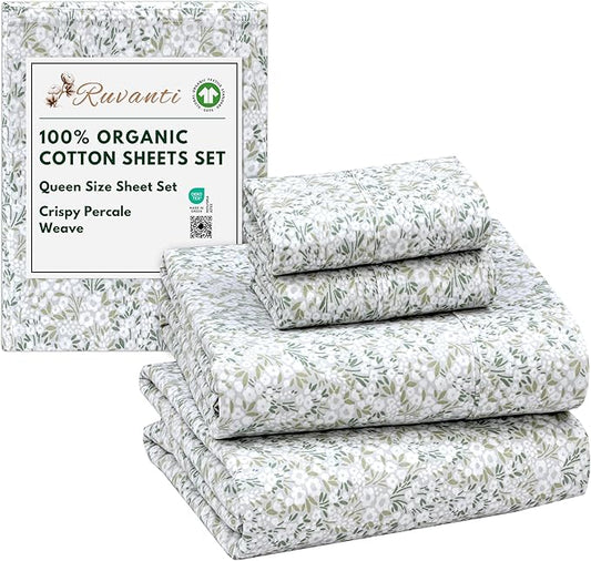 RUVANTI 100% Organic Cotton Sheets Queen Size, Percale Weave, GOTS Certified, 4-Piece Set, Deep Pocket 15", Crisp & Breathable, Soft Durable Bedding, Sábanas Algodón Orgánico – Floral Rush