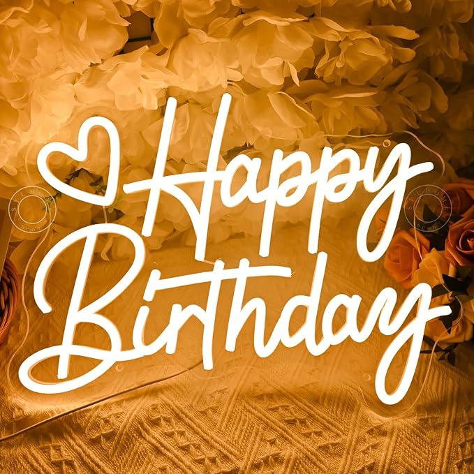 SYLHOME Happy Birthday Led Neon Light Sign Heart Birthday Party Bedroom Wall Sign Decor Banner Birthday Backdrop Light Up Sign 15.75" X 11.81" USB Dimmer Warm White 5V