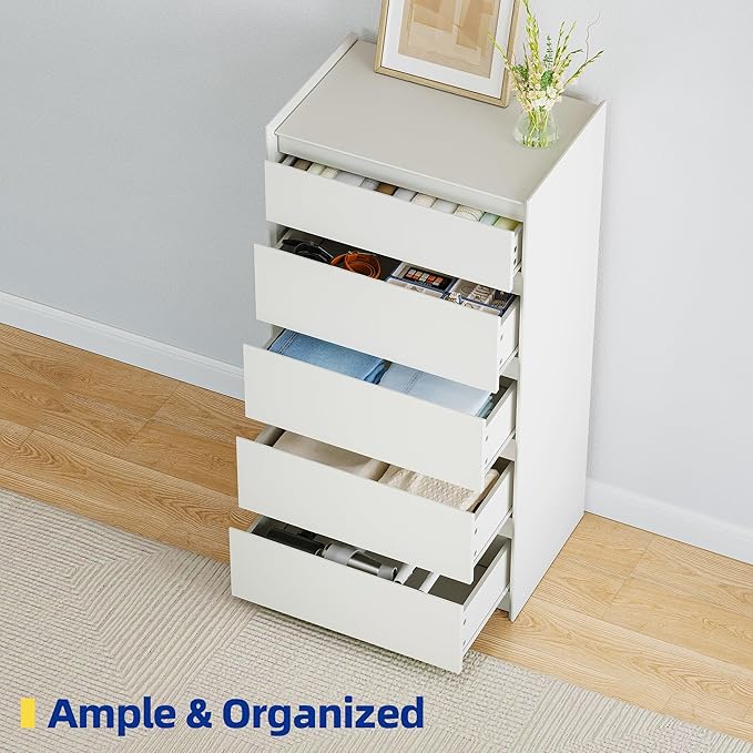 White Dresser for Bedroom, 46" Tall Chest of Drawers, Simply Modern 5 Drawer Storage Organizer for Closet, Hallway, or Small Apartment