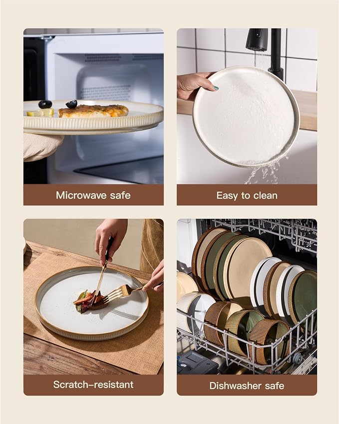 Stoneware Dinnerware Sets, Handcrafted Double Reactive Glaze Plates and Bowls for Everyday & Formal Dining, Microwave & Dishwasher Safe, Scratch Resistant Dishes for 4 (12-Piece), Cappuccino White