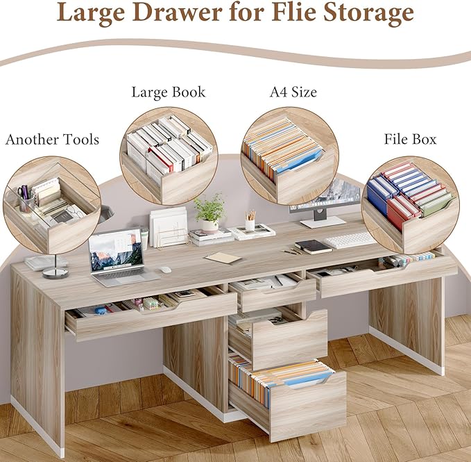 Two Person Desk with 5 Drawers, Double Desk with Storage for 2 People, 78 Inch Extra Long Computer Desk Workstation with File Drawer for Home Office, White and Walnut
