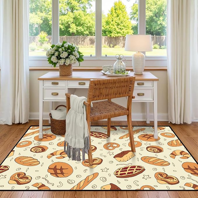 Cute Bread Area Rug 3D Cattoon Carpt Waffle Croissant and Muffin Rugs for Bedroom Living Room Kitchen Nursery Playroom Home Decor Washable Non Slip Floor Mat,6'x9'