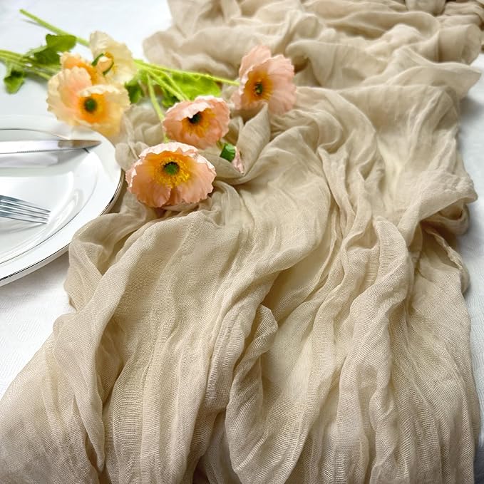 Booque Valley Beige Cheesecloth Table Runner 10ft Super Soft Boho Wrinkled Gauze Sheer Cloth for Baby Shower Baptism Birthday Party Wedding Centerpiece Table Decoration, 35x120 Inch
