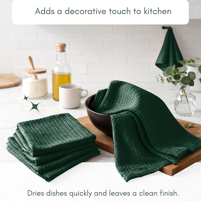TWINY threads Waffle Weave Kitchen Towel Set of 12, 16x26 Inches, Premium 100% Cotton Dishcloths with Hanging Loop, Absorbent, Quick Drying Cloths for Drying Dishes, Washable, Reusable, Forest Green