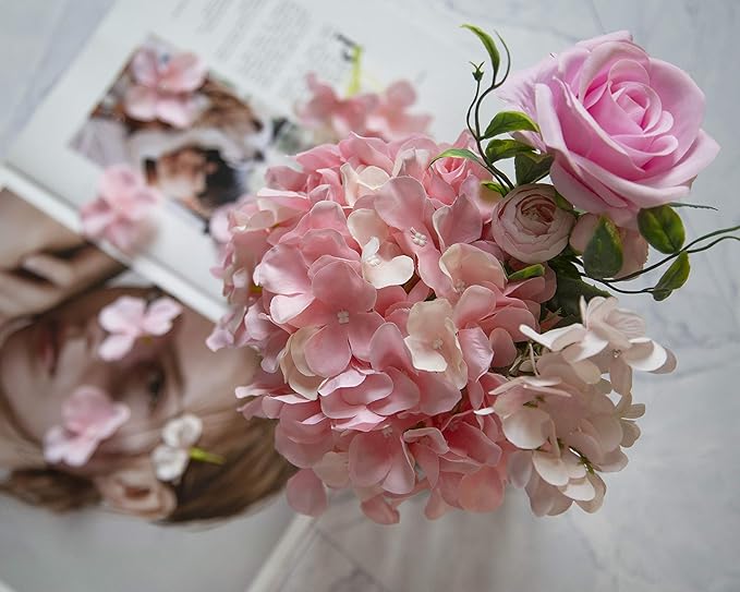DuHouse Hydrangea Silk Flowers Artificial Flowers with Stem Fake Flower Heads for Wedding Centerpiece Home Decor Pack of 6 (Pink)