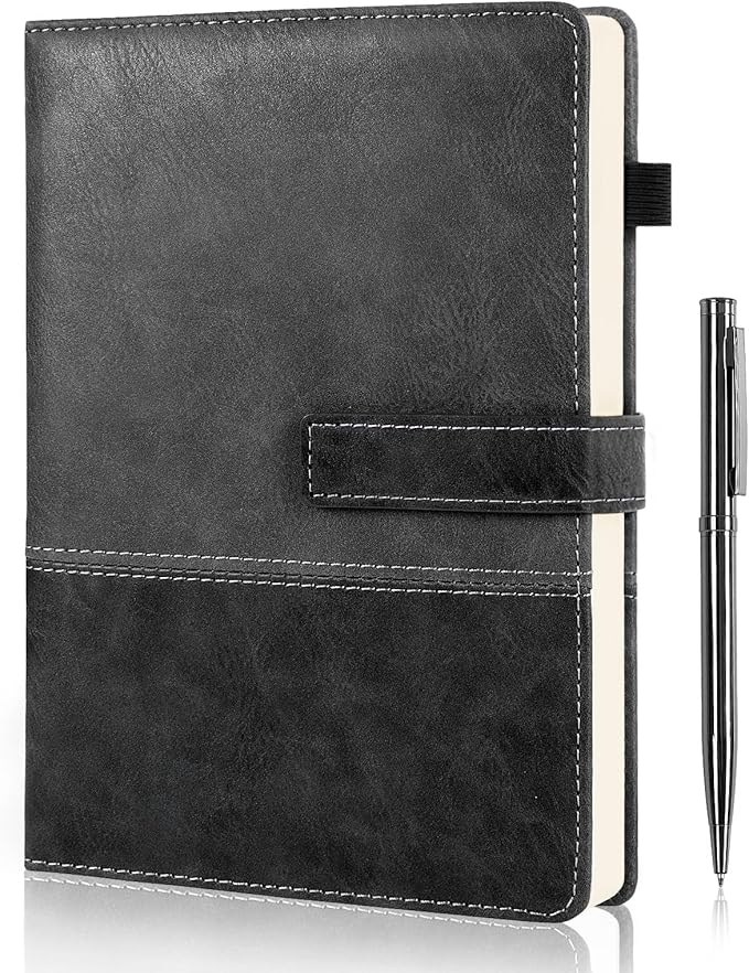 HULIPARK Leather Notebook Journal with Pen, A5 Lined Hardcover Notebook with Magnetic Closure, 240 Pages Daily Journal for Men Women, Ruled Journals Notebooks for Work, Writing, Note Taking - Black