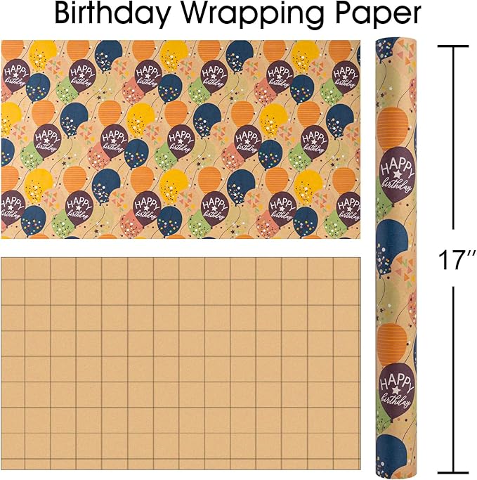 MAYPLUSS Birthday Wrapping Paper Roll, Colorful Ballon Kraft Happy Birthday Gift Wrap for Boys Girls Men Women 17 IN x 16.4 FT