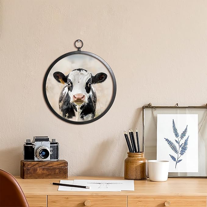 XIAOAIKA Vintage Wall Art with Metal Frame, Round Wood Print Featuring Cow Portrait, Boho Wall Decor for Living Room, Bedroom, Kitchen, 10 Inch
