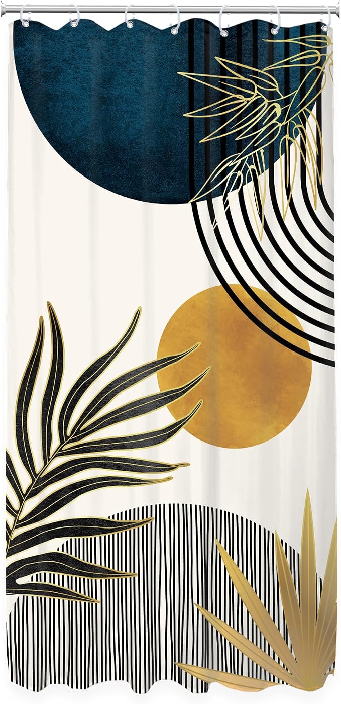 KOMLLEX RV Stall Small Mid Century Blue Boho Shower Curtain 36Wx72L Inches Abstract Modern Blue Shower Curtains for Bathroom Plant Minimalist Arch Sun Fabric Liner Waterproof Polyester 7 Pack Hooks