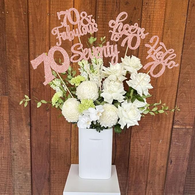 Gyufise 15Pcs 70th Birthday Centerpiece Sticks Seventy Happy 70th Table Flower Centerpieces Sticks Cheers to 70 Floral Decorations for 70th Birthday Party Centerpieces Supplies Rose Gold