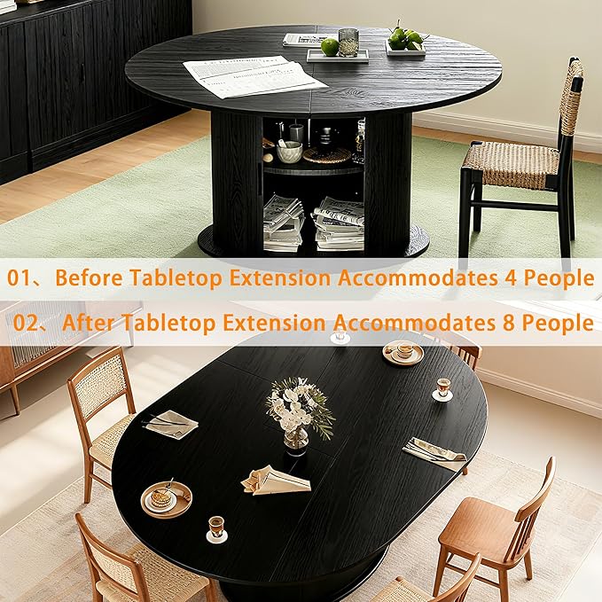 Wildhome Extendable Round Dining Table for 2-4-6, 63 Inch Dining Room Kitchen Table with 2-Tier Storage Shelf, Modern Farmhouse Fluted Wood Slide Door Dinner Furniture,Oval Circle,Black-63 Inch