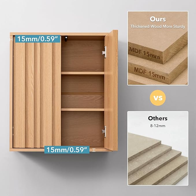 VANIRROR Fluted Bathroom Wall Cabinet Over Toilet, 15mm Thick Moisture-Resistant Wood Hanging Storage with Push-to-Open Doors, Japandi Floating Medicine Cabinet for Half Bath & Kitchen, Natural Oak