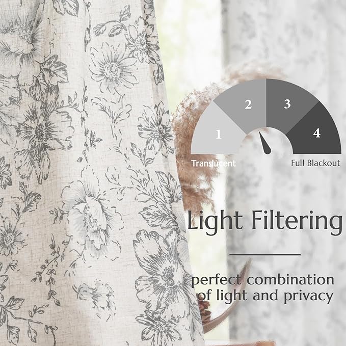jinchan Linen Blend Curtain Floral Curtains for Living Room 90 Inch Length Grey Printed Curtain Rod Pocket Back Tab Farmhouse Peony Flower Patterned Drapes Bedroom Window Curtains Set 2 Panels