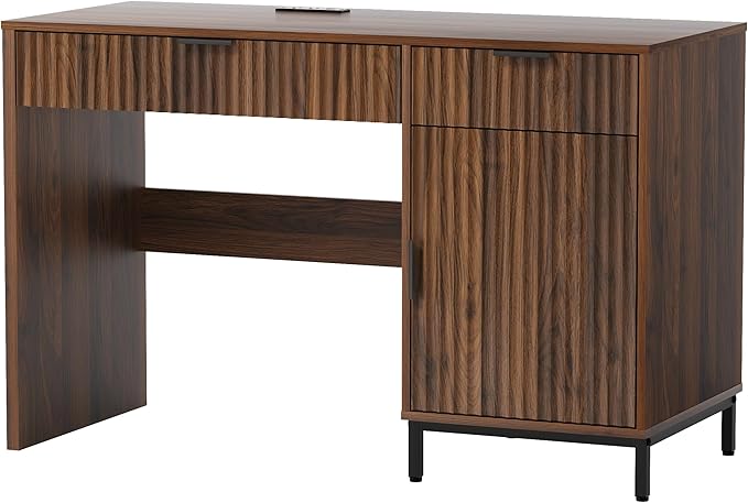 47" Fluted Executive Desk, Modern Wood Home Office Desk with Charging Station, Drawer & Cabinet, Computer Writing Desk for Work Study, Brown