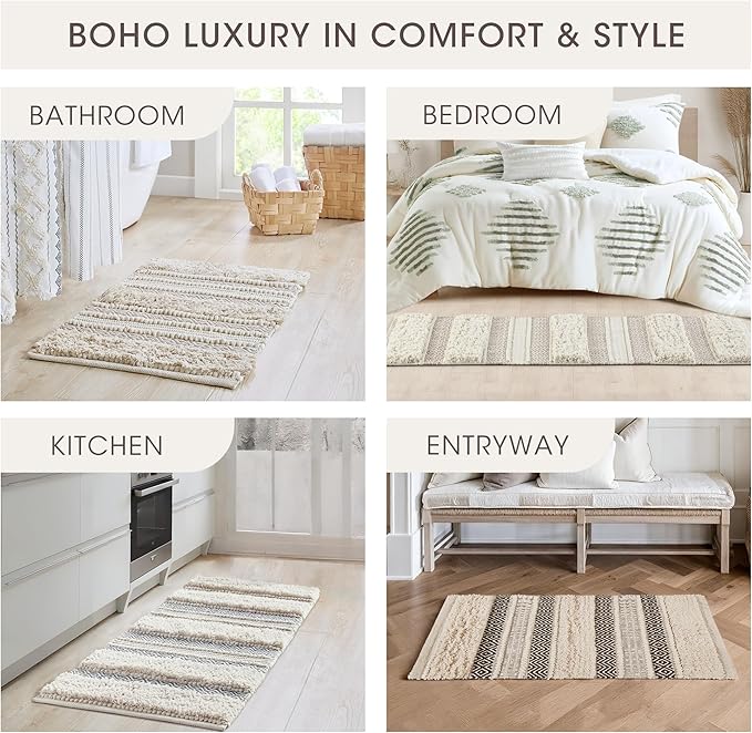 Ink+Ivy Bath Rug Hand-Woven Texture Shaggy Striped Soft & Water Absorbent, Boho Bathroom Décor Bath-Mats, Non-Slip Absorbent Quick Dry Mats for Tub, Shower Room, Asher, 22x58 Grey