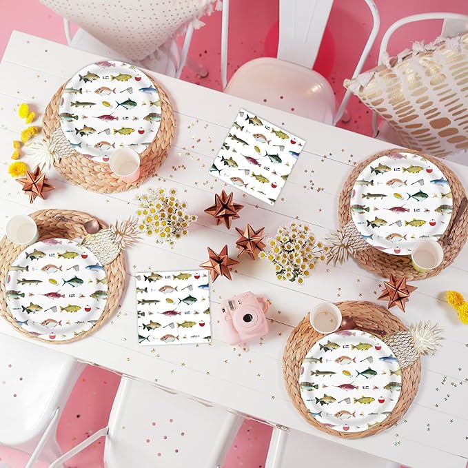 40 Pcs Fishing Plates and Napkins Party Supplies, Fishing Birthday Paper Plates and Napkins Disposable Tableware Set for Ofishally One Birthday Decorations Serves 20
