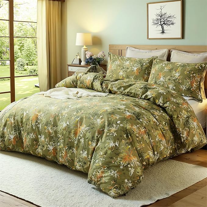 100% Cotton Duvet Cover Queen Size – Vintage Olive Green Floral Duvet Cover Set with Zipper Closure, 3-Piece Soft Breathable Natural Premium Cotton Bedding Set for All Seasons