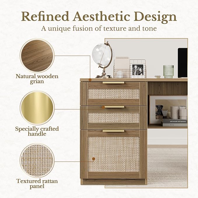 63 Inches L Shaped Standing Desk, Executive Standing Desk with Drawers and File Cabinet, AC/USB, 1.18" Desktop, Multi-Sized Storage Cubby, Privacy Panel, Rattan Computer Desk, Natural Oak