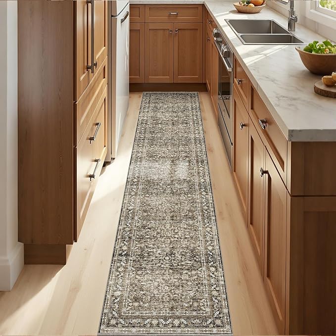 OPPODREAM Vintage Brown 2x10 Runner Rug, 2 x 10 Retro Washable Rug Non Slip, Low-Pile Faux Wool Carpet, Distressed Floor Mat for Kitchen, Hallway, Entry-Way, Entrance, Indoor Back Door