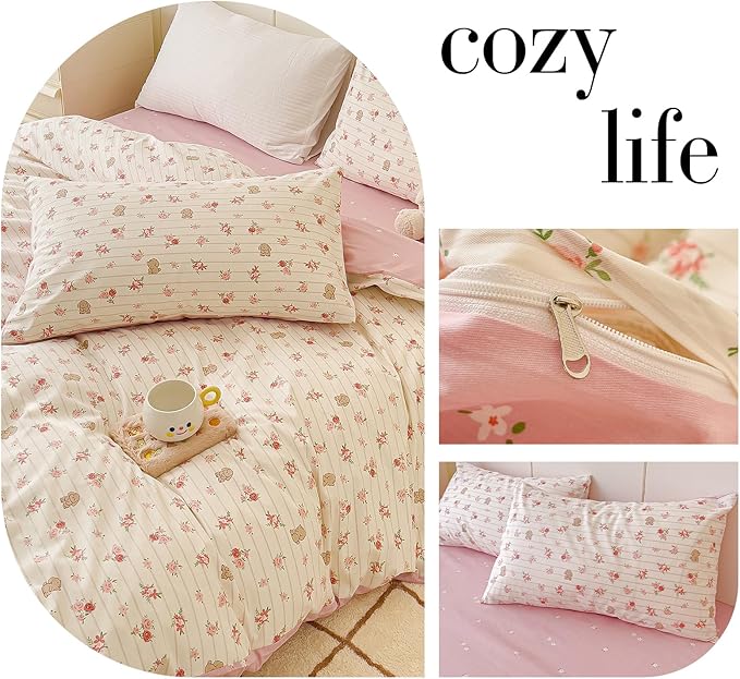 AOJIM Soft Cotton Duvet Cover Queen Size, 1 Comforter Cover 90x90 Inches with Zipper Closure and 2 Pillowcases, Kids Adults Queen Duvet Cover Set for Room Decor (No Comforter), Floral and Rabbit, Pink