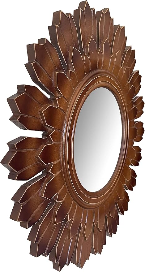 Wooden Wall Mirror, Rustic Wood Frame Mirror for Bathroom, Farmhouse, Bedroom, Entryway and Living Room, Modern Hanging Decorative Wall Mirror (Brown in Sunburst Shape)