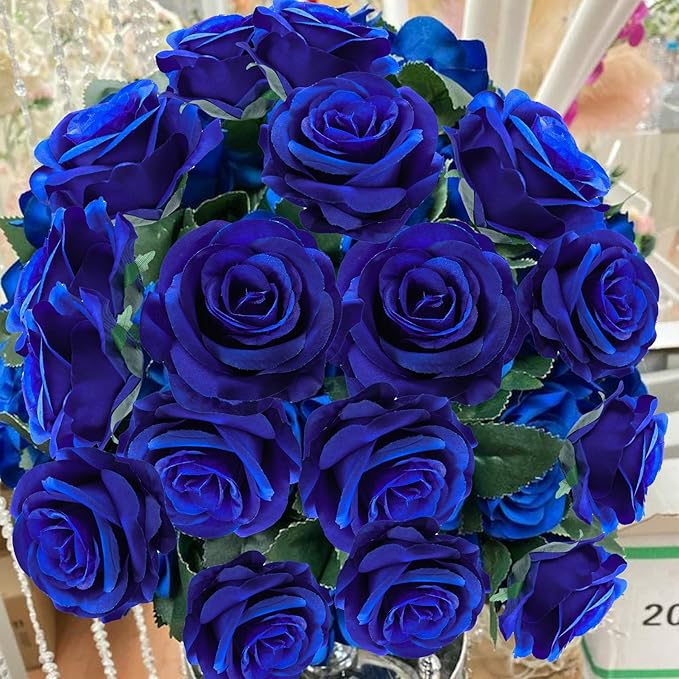 50pcs Artificial Roses Flowers in Bulk,Realistic Silk Fake Rose with Long Stem for Wedding Centerpieces Bouquet Party Floral Arrangement Home Decoration(Royal Blue)