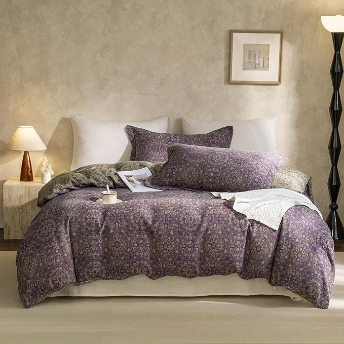 LifeTB Purple Green Floral Duvet Cover Queen Vintage Boho Medallion Bedding Set Queen 3 Pieces Jacquard Flower Comforter Cover Floral Yarn-Dyed Textured Linen Cotton Duvet Cover with 2 Pillowcases